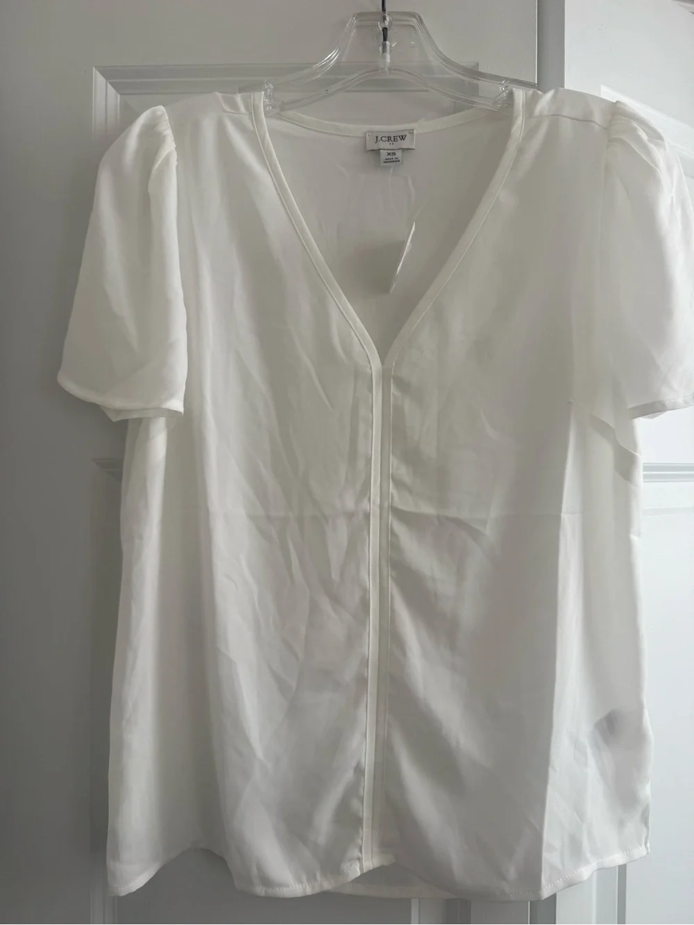 J. Crew White V-Neck Puff Sleeve Blouse